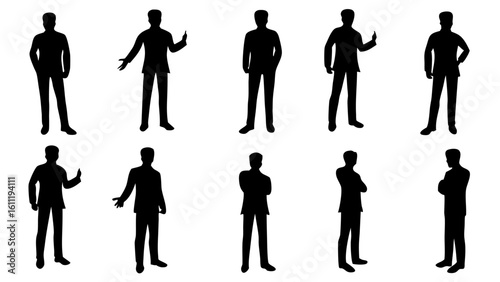 Silhouette illustration of ten men in suits standing in various poses against a white background