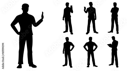 Silhouette illustrations of business people holding phones and tablets in various poses on a white background
