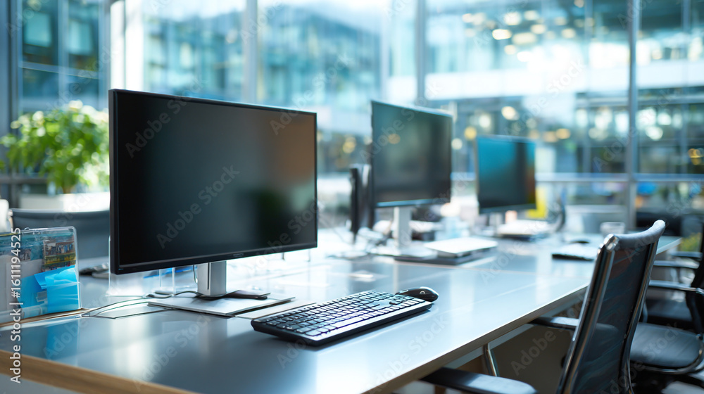 Fototapeta premium A modern office space featuring multiple computer workstations and an ergonomic office chair