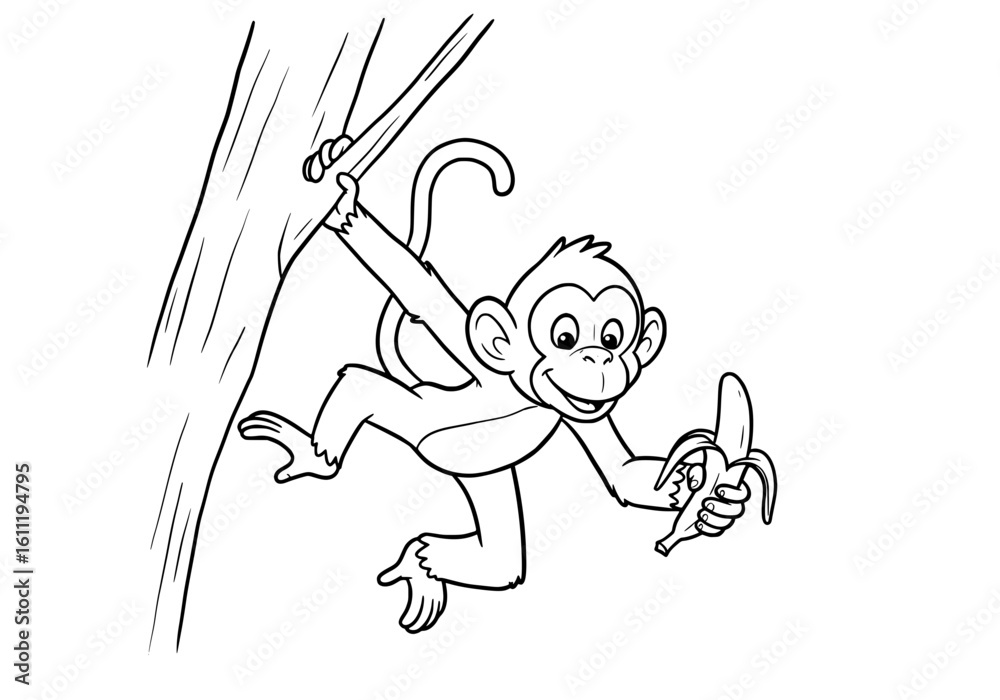 Fototapeta premium Playful monkey swinging from tree branch holding a delicious banana, perfect for kids' content