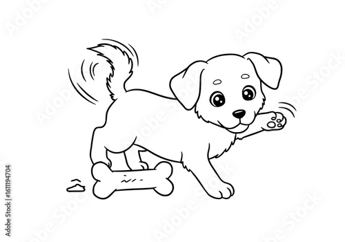 Joyful puppy plays with a bone, tail wagging with excitement, perfect for pet lovers and children's content