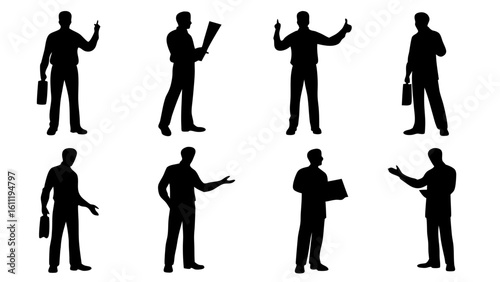 Silhouettes of business people in various poses holding briefcases and documents on a white background