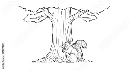 Charming squirrel pauses by a grand tree trunk, enjoying a nut in this delightful illustration.