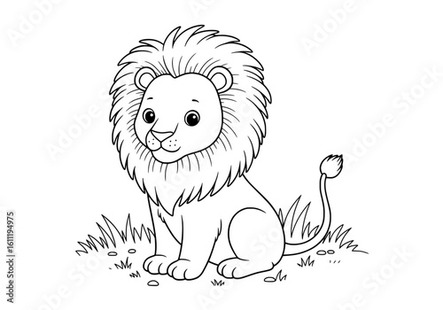 Cute cartoon lion sitting in grass, perfect for children's books and animal-themed designs.