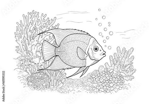 Vibrant tropical fish swims through colorful coral reef, exploring ocean depths with bubbles rising