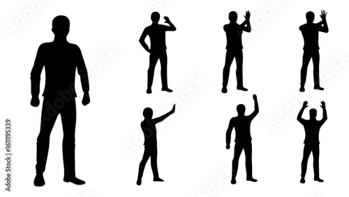 Silhouettes of people in various poses including waving and raising hands against a white background