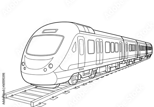 Modern high-speed train speeding along railway tracks, capturing sleek design and powerful motion