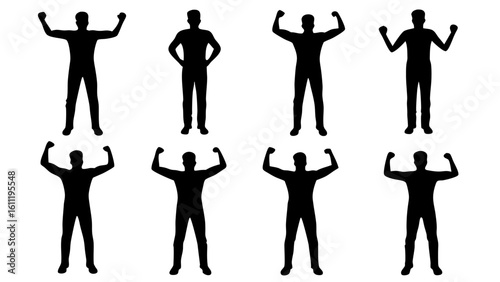 Silhouette of eight people in various poses with arms raised and hands clenched on a white background