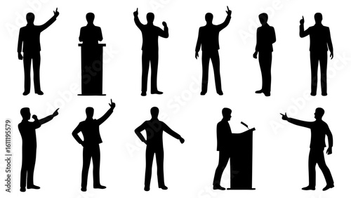 Collection of silhouettes of people in various poses including speaking and pointing gestures shown here