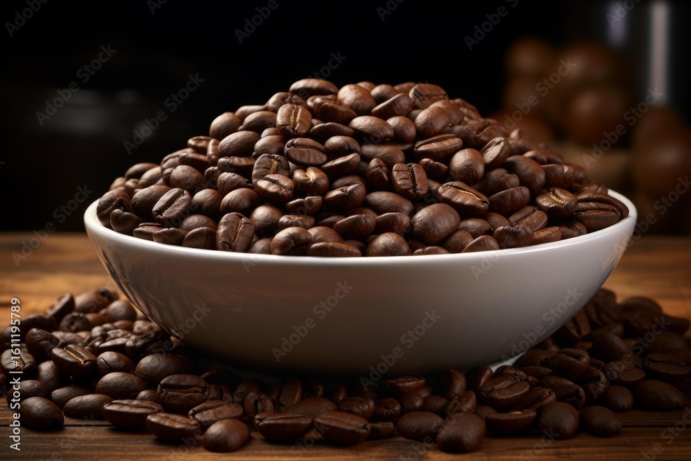 Fototapeta premium Roasted coffee beans overflowing a white bowl and spilling onto a rustic wooden table, creating a warm and inviting scene