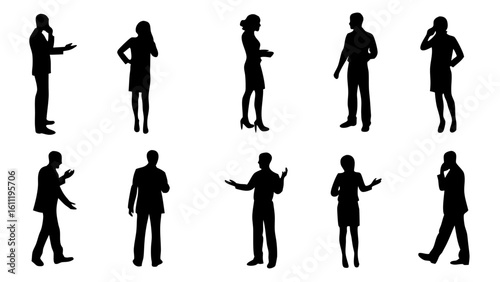 Silhouette illustrations of diverse business people in various poses and actions on a white background