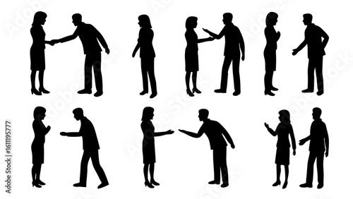 Silhouettes of business people interacting and shaking hands in various poses and arrangements shown