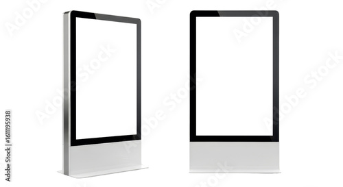Two modern digital kiosks with blank screens for advertising mockup isolated PNG with Transparent Background