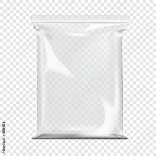 Clear plastic pouch with zip lock on transparent background. Realistic vector mock-up. Empty zipper poly bag. 3d mockup. Glossy vinyl envelope sleeve resealable package. Template for design