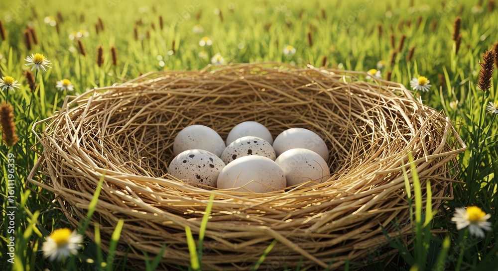 Obraz premium Bird Nest with Eggs in Green Field with Daisies and Wheat Grass