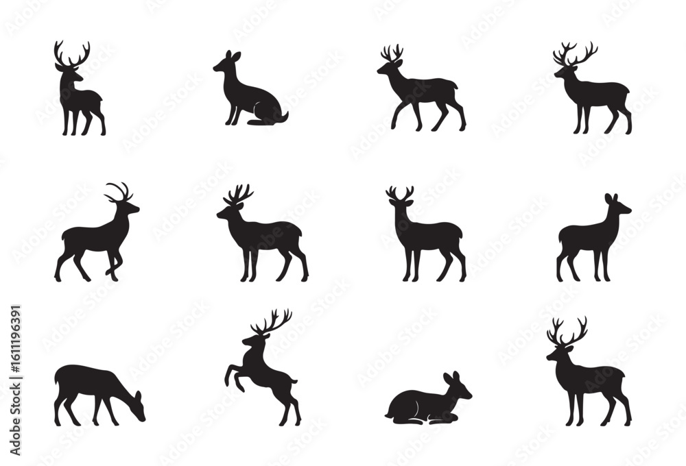 Fototapeta premium Deer silhouette set. Isolated on white background