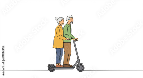 Elderly couple riding an electric scooter together in a minimal style  