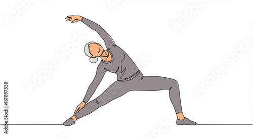 elderly gray haired slim woman doing yoga with side stretch in minimalist style, single line vector outline concept
