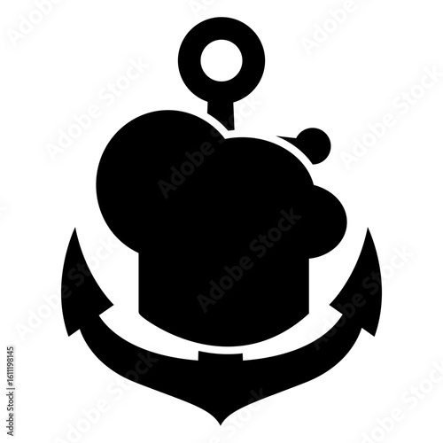 Logo restaurante. Icono con silueta de sombrero de cocinero en ancla de barco