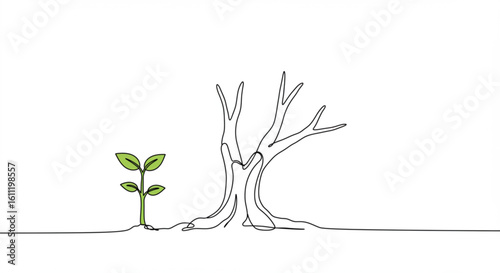 Tree with a single green sprout growing beside a lifeless trunk, concept of single line outline vector  