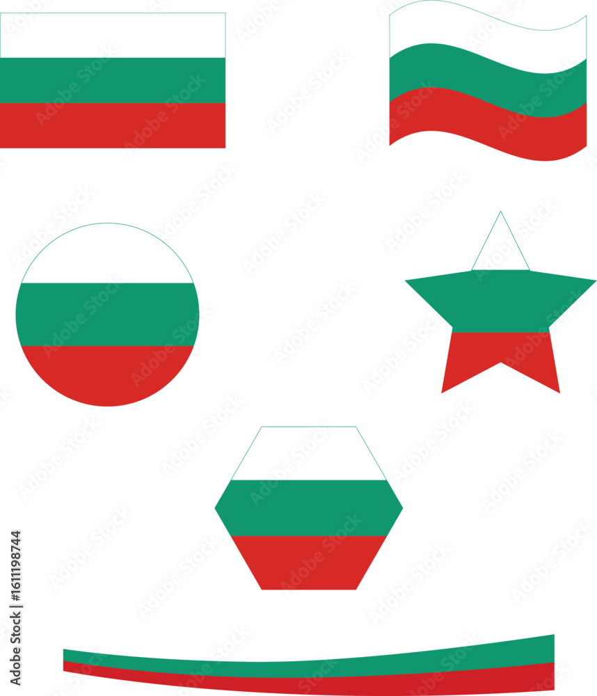 Bulgaria flag set of icons. Vector flag of Bulgaria, symbol. Set of bulgarian flags - circle, waved and star Bulgaria flag set of icons. Vector flag of Bulgaria, symbol. Set of bulgarian flags - circle, waved and star