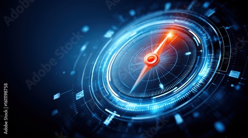 Wallpaper Mural Digital Transformation Strategy Concept. A futuristic digital compass with glowing blue and orange elements, symbolizing navigation and advanced technology in a high-tech digital interface. Torontodigital.ca