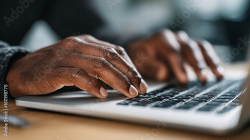 Close up of dark skinned hands typing on a silver laptop keyboard on a wooden surface table top
