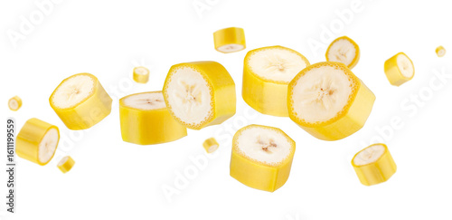 Banana pieces with peels flying and levitating in space. Isolated on white