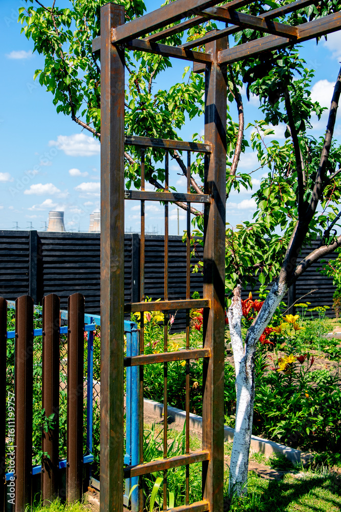 Fototapeta premium Metal frame of a pergola in a private garden - a blank for a green tunnel.