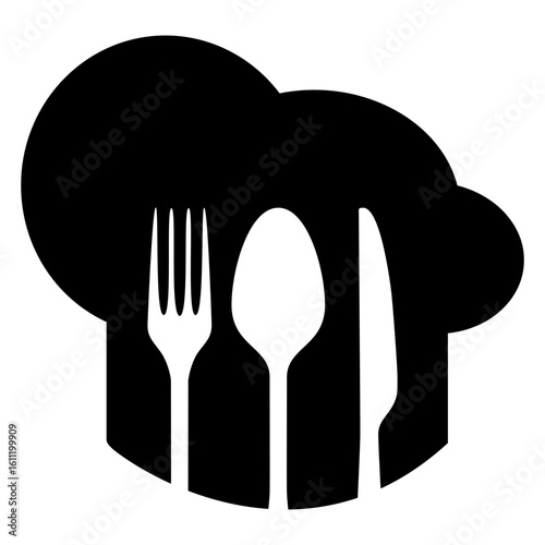 Logo restaurante. Icono con silueta de sombrero de chef con cubiertos en espacio negativo 