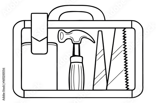 Tool box line art displays hammer, saw, pencil, and ruler within the frame