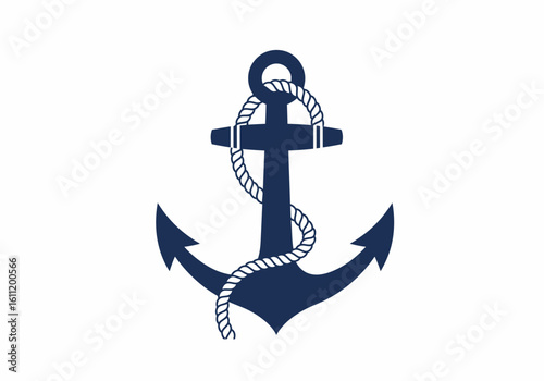 Navy Blue Anchor with Rope, Nautical Symbol, Isolated on White Background