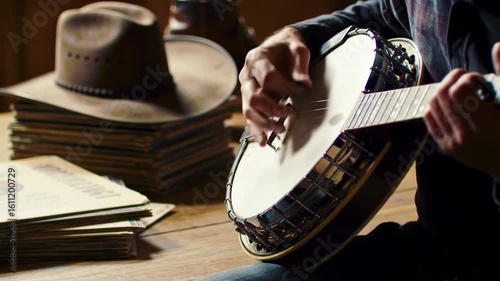 Man Playing Banjo Close Up on Wooden Table With Sheet Music and Cowboy Hat