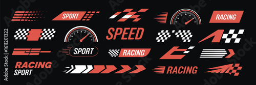 Sport Car Decal Stripe Vector Set – Red Racing Speed Stripes – Car Tuning Stickers Isolated on Black Background for Automotive Design and Vehicle Customization

