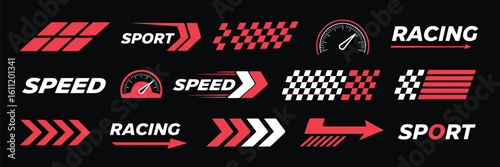 Sport Car Decal Stripe Vector Set – Red Racing Speed Stripes – Car Tuning Stickers Isolated on Black Background for Automotive Design and Vehicle Customization

