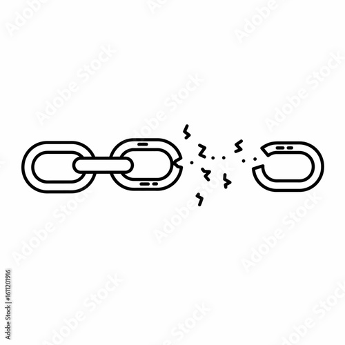 Broken Chain Link: Black Outline with Debris, Disconnected, Failure Symbol