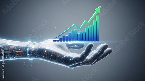 A detailed robotic hand supporting a blue financial growth bar chart with an upward trend line, symbolizing AI-driven progress, automated investment, and future economic success.