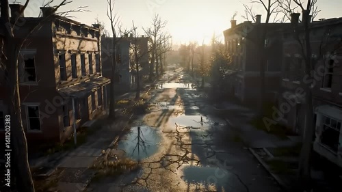 Sunlit Puddles on Dilapidated Street Surrounded by Brick Buildings Depicting Urban Decay
