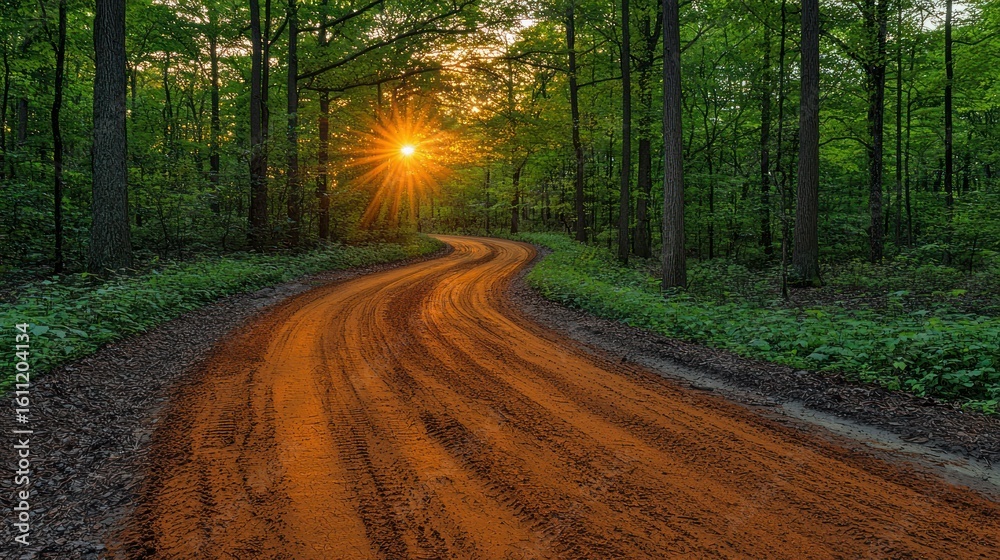 Obraz premium Path cuts through lush trees at golden sunrise