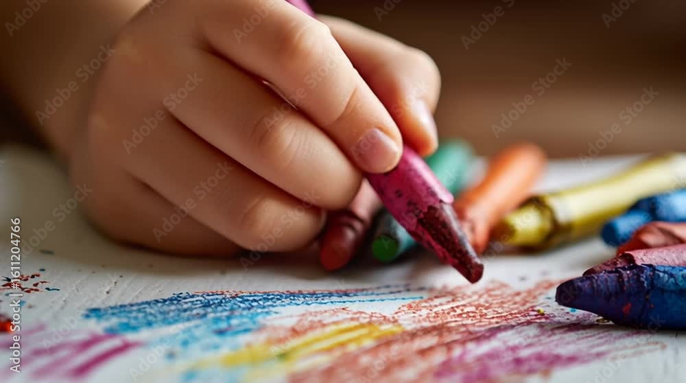 Child's hand drawing with a pink crayon on white paper surrounded by colorful crayons on a table