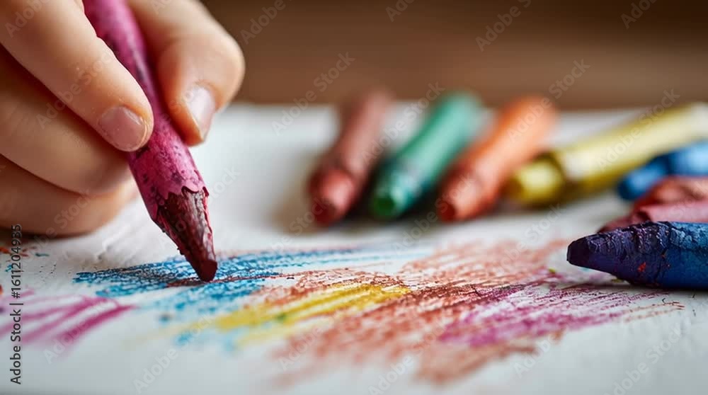 A child's hand drawing with a pink crayon on white paper surrounded by other colorful crayons artfully