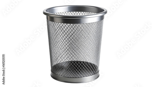 Silver metal wastebasket with mesh design, ideal for office or home use, combining functionality and style on transparent background