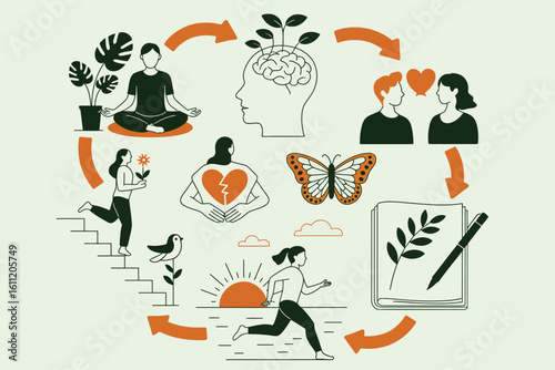 Wellness and Mental Health Journey Illustration – Healing and Growth Concepts – Vector Artwork Depicting Emotional Recovery, Self-Care, Mindfulness.