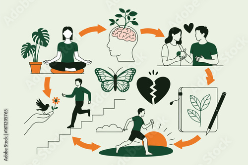 Wellness and Mental Health Journey Illustration – Healing and Growth Concepts – Vector Artwork Depicting Emotional Recovery, Self-Care, Mindfulness.