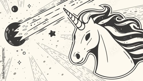 Unicorn head with flowing mane and horn, set against a backdrop of shooting stars and cosmic dust silhouette
