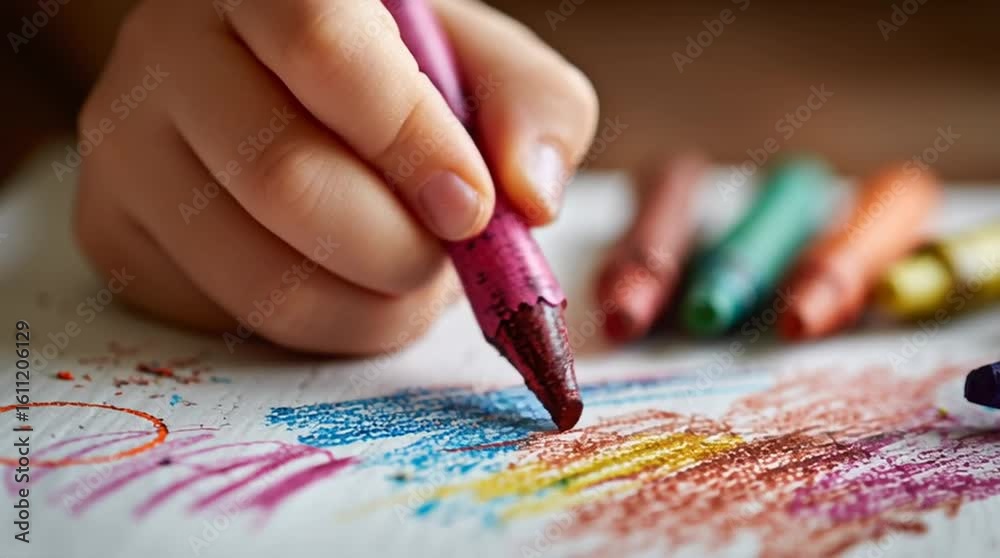 Child's hand drawing with a pink crayon on white paper among other crayons of various colors near art