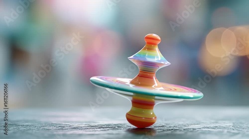 A colorful spinning top toy on a textured surface with a blurred background creating a bokeh effect