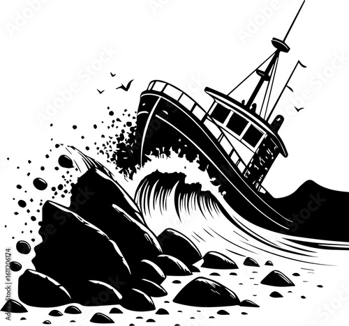 Shipwreck Scene Silhouette - Fishing Boat Crashing on Rocks
