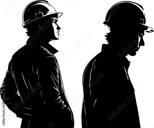 Construction Workers in Hard Hats Silhouettes - Safety and Industry