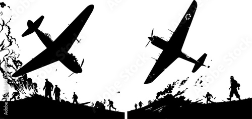 World War II Aerial Combat and Ground Conflict Silhouettes